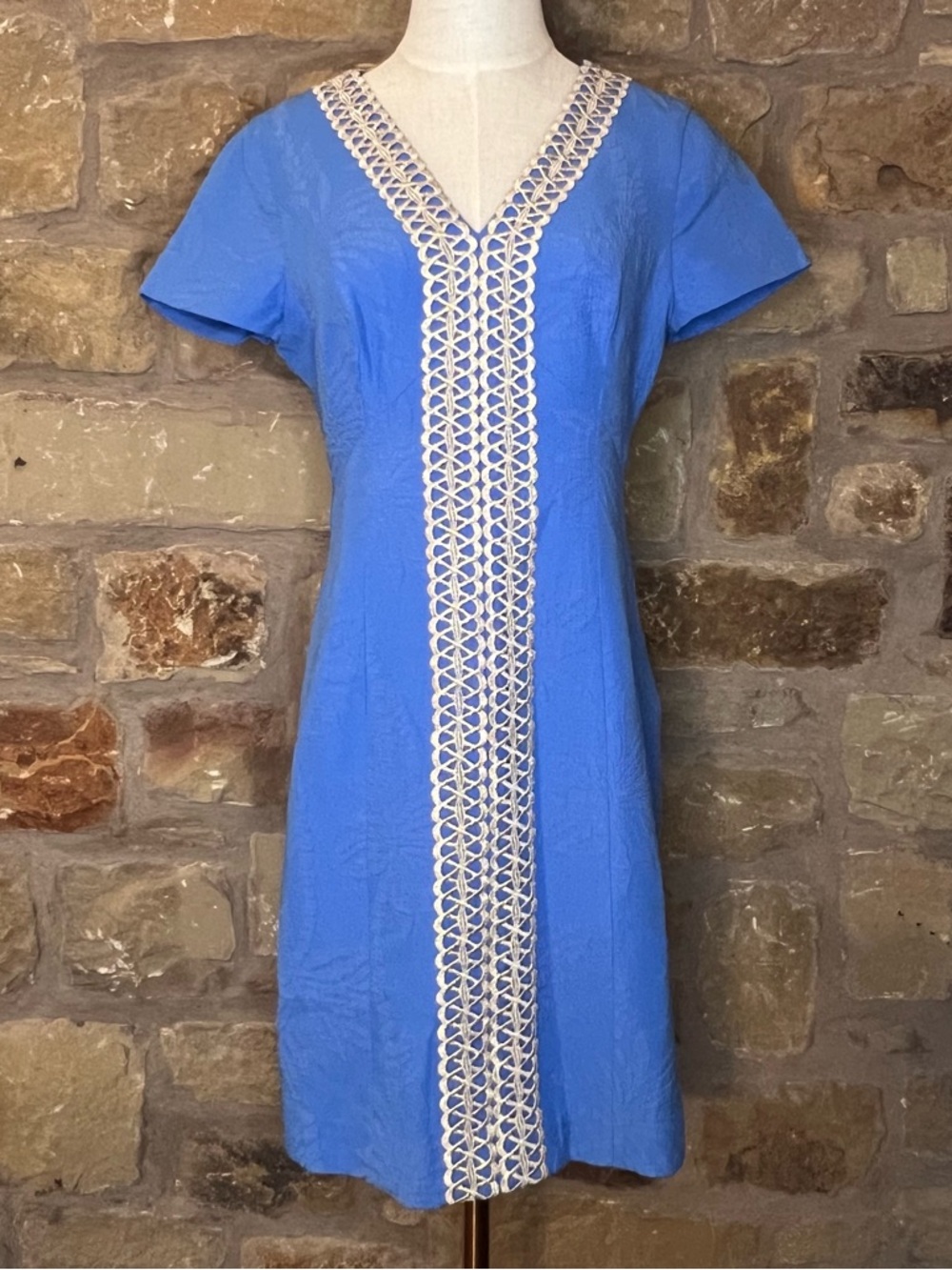 Lilly Pulitzer Arie Stretch Shift Dress Bennet Blue Palm Lace Trim Size 2